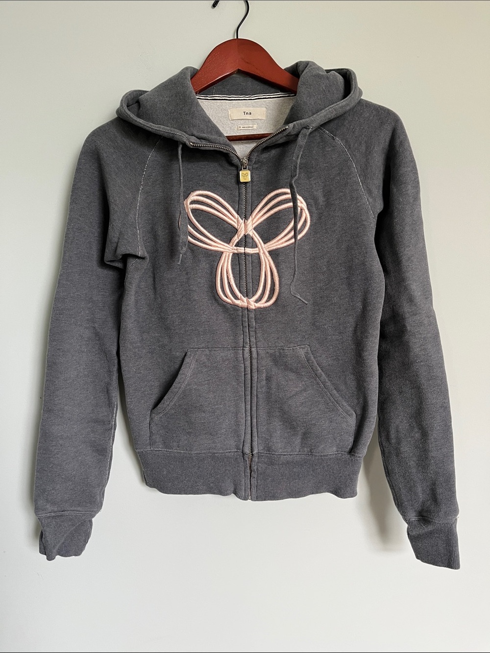 TNA Aritzia Full-Zip Hoodie - Heather Grey with Pink Embroidered Logo - Size XS